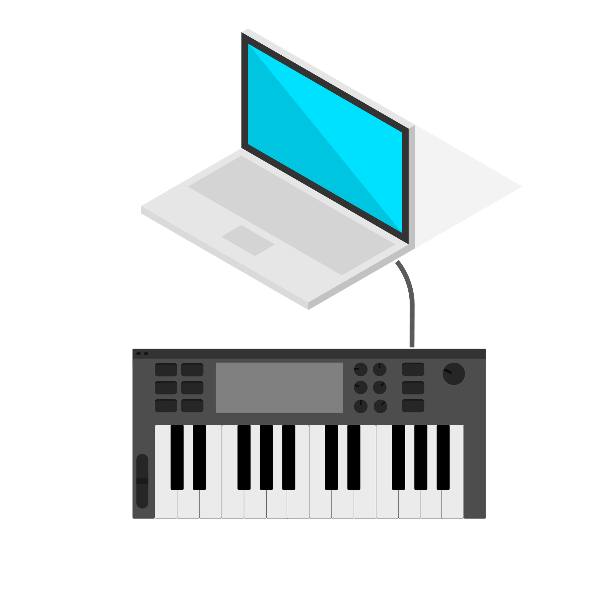 cartoon keyboard connecting to cartoon laptop with midi cable