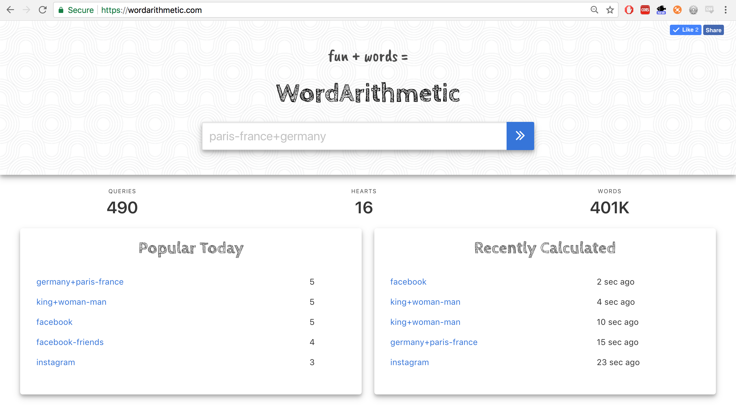 screen shot of the wordarithmetic.com homepage